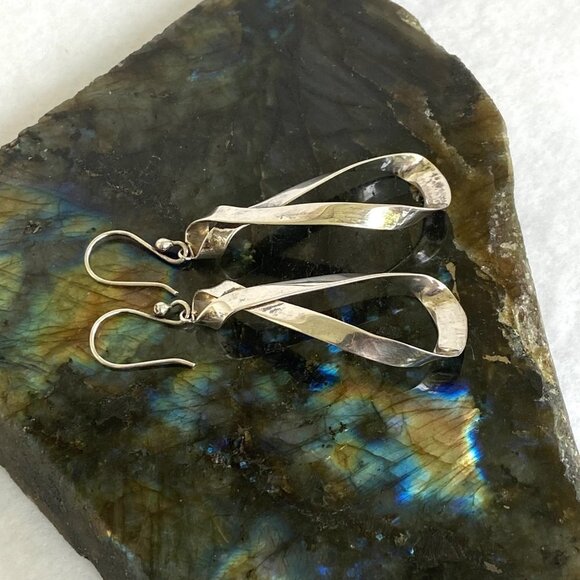 Sterling Silver 925 Mexico HOB 2.36" Modernist Twisted Elongated Hoop Earrings - Picture 5 of 16